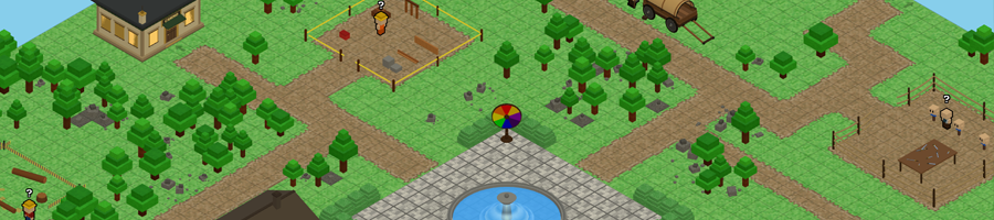Wide shot of the Mainland spawn area with the tutorial NPC, nearby tool pickups, and paths toward the plaza.